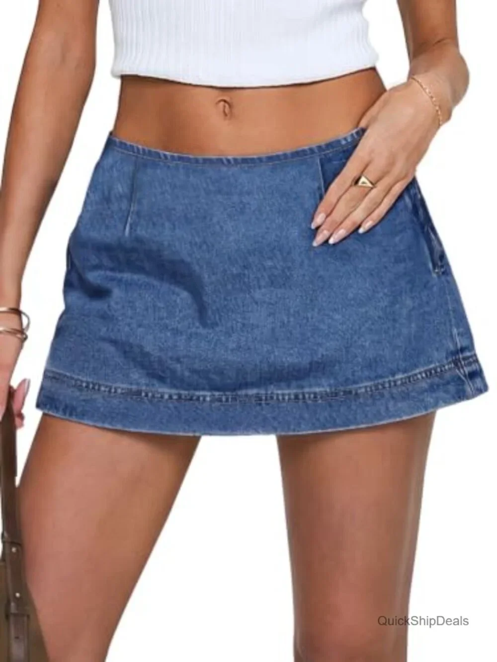 Low Rise Denim Mini Skort with Built-in Shorts Y2K Stretchy A-Line